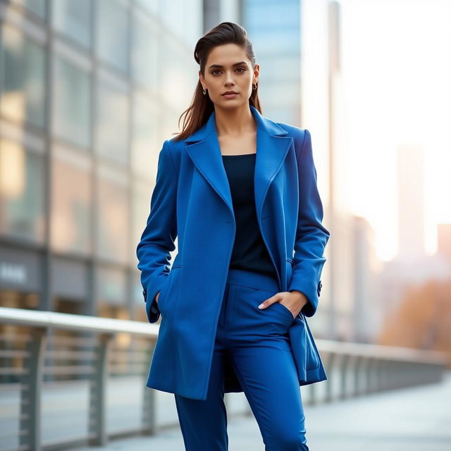 A stylish person wearing a chic blue coat and blue pants, standing confidently in an urban setting