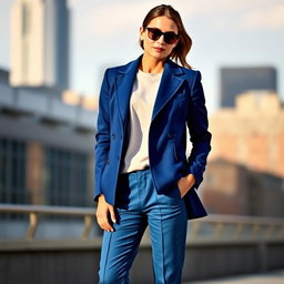 A stylish person wearing a chic blue coat and blue pants, standing confidently in an urban setting