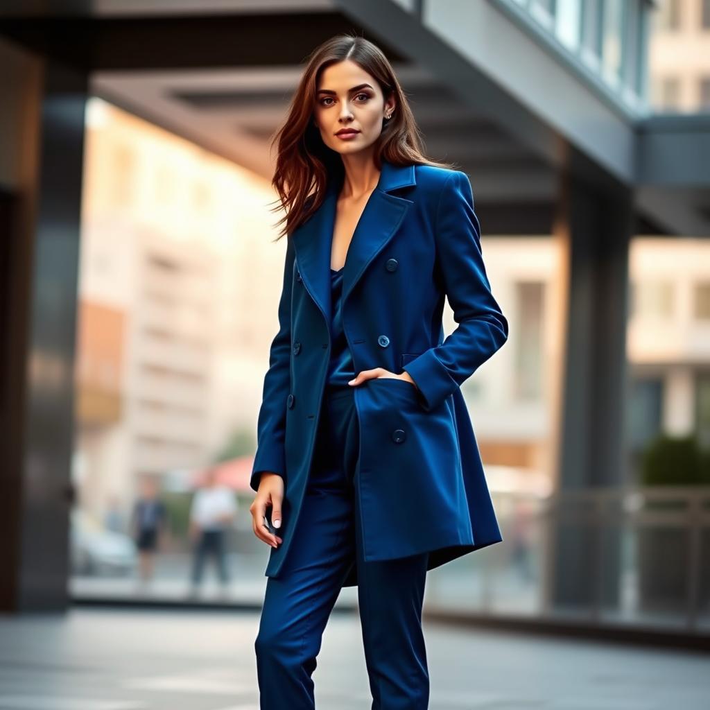 A stylish person wearing a chic blue coat and blue pants, standing confidently in an urban setting