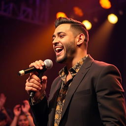 A 35-year-old male soul music singer passionately performing on stage, with an expressive face and captivating presence