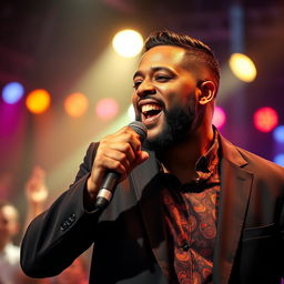 A 35-year-old male soul music singer passionately performing on stage, with an expressive face and captivating presence