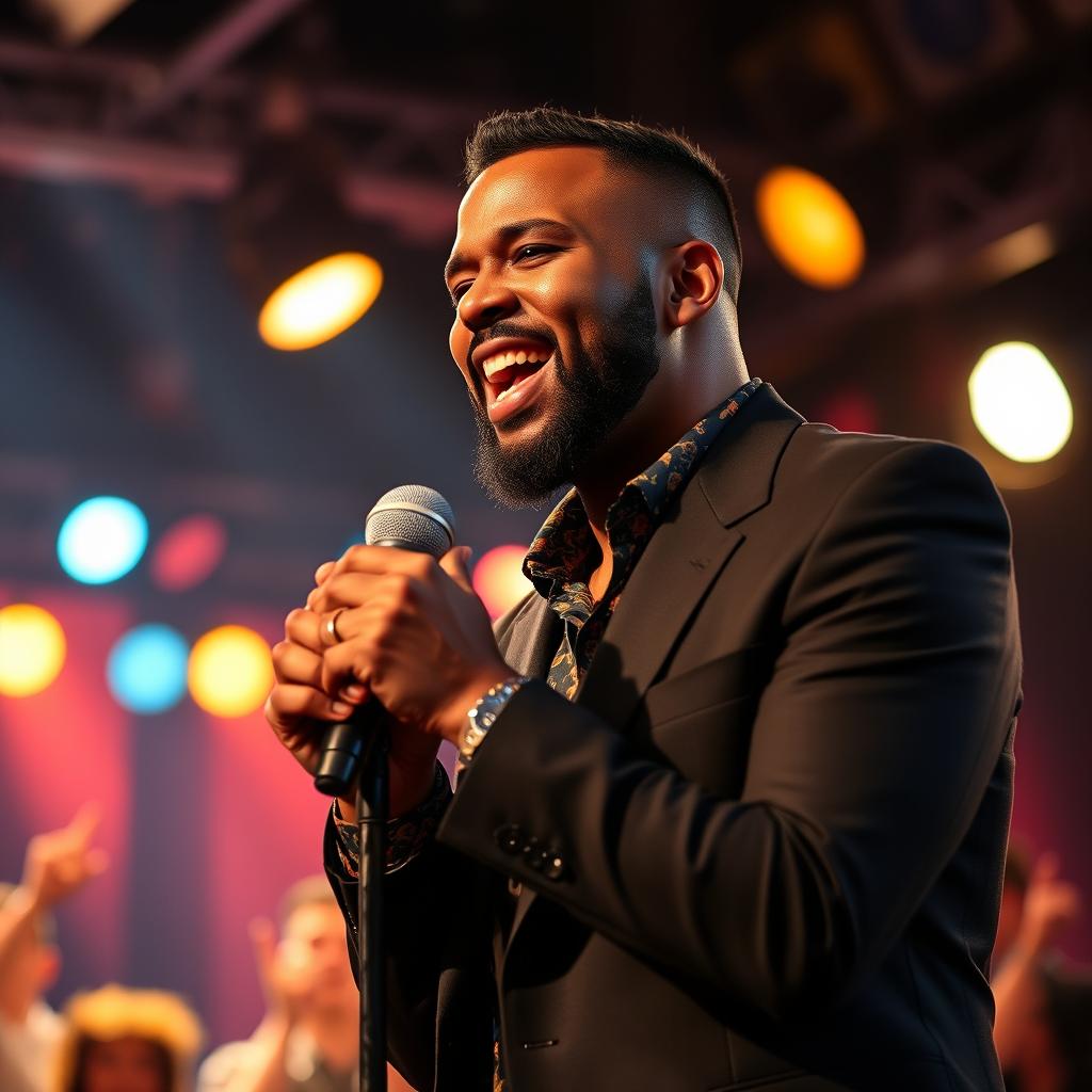 A 35-year-old male soul music singer passionately performing on stage, with an expressive face and captivating presence