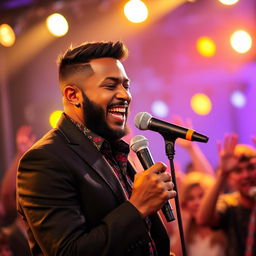 A 35-year-old male soul music singer passionately performing on stage, with an expressive face and captivating presence