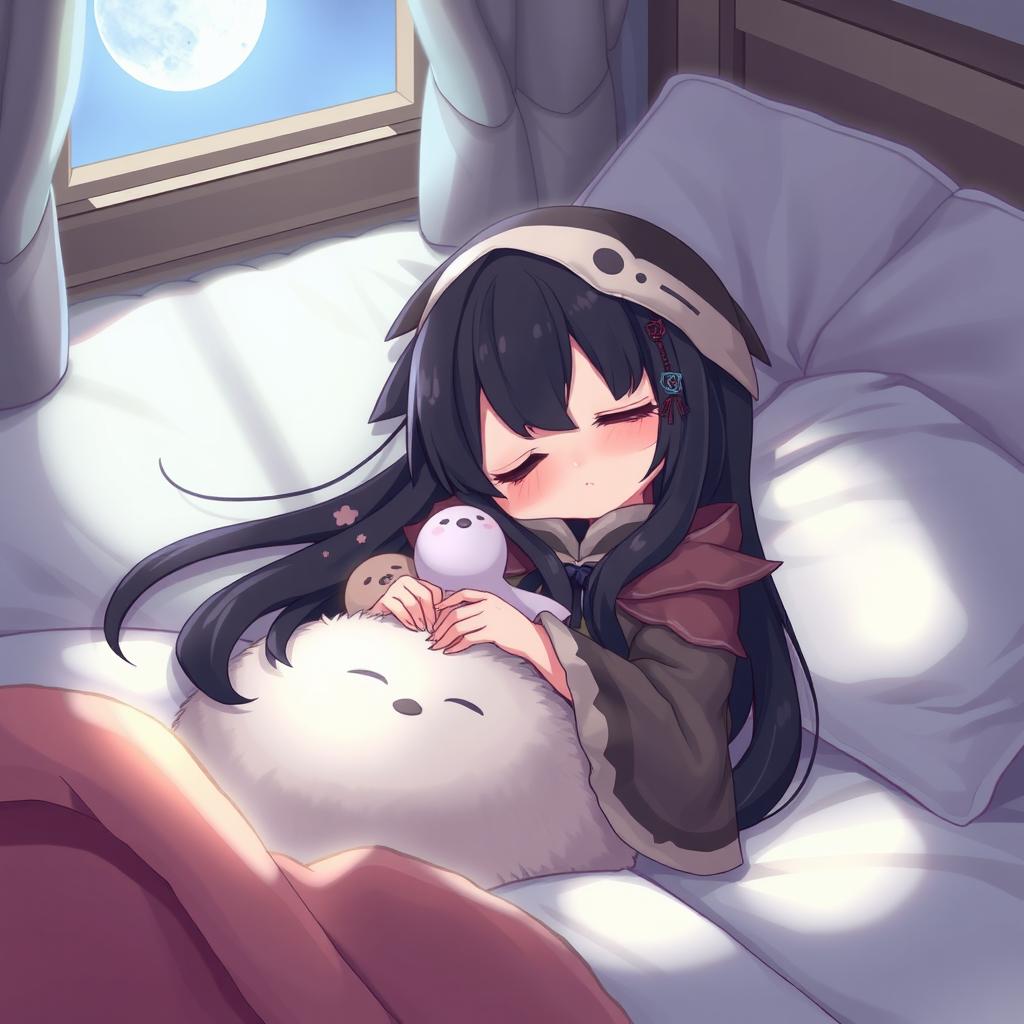A peaceful and serene depiction of Nanashi Mumei, a humanoid character with long, flowing dark hair and a distinctive owl-themed outfit, peacefully sleeping