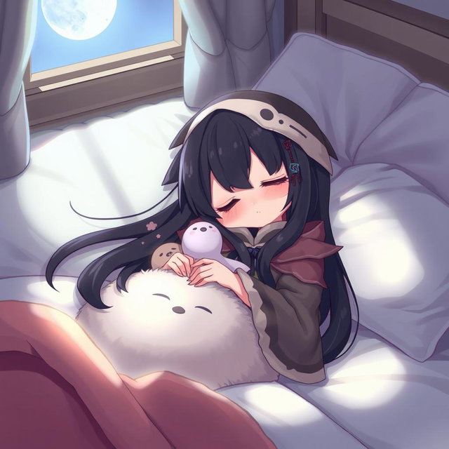 A peaceful and serene depiction of Nanashi Mumei, a humanoid character with long, flowing dark hair and a distinctive owl-themed outfit, peacefully sleeping