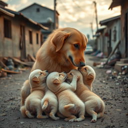A heartwarming scene of a mother dog tenderly feeding her four adorable puppies in a poor urban street setting
