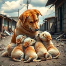 A heartwarming scene of a mother dog tenderly feeding her four adorable puppies in a poor urban street setting