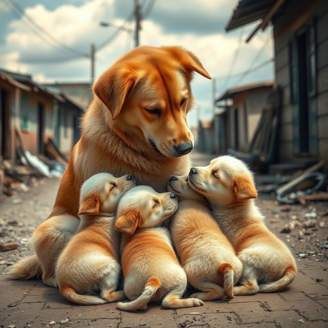 A heartwarming scene of a mother dog tenderly feeding her four adorable puppies in a poor urban street setting