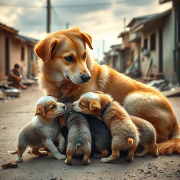 A heartwarming scene of a mother dog tenderly feeding her four adorable puppies in a poor urban street setting