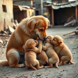 A heartwarming scene of a mother dog tenderly feeding her four adorable puppies in a poor urban street setting