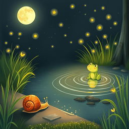 A delightful illustration of a small snail slowly making its way to the edge of a peaceful brook on a warm summer night