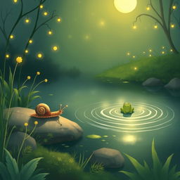 A delightful illustration of a small snail slowly making its way to the edge of a peaceful brook on a warm summer night