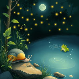 A delightful illustration of a small snail slowly making its way to the edge of a peaceful brook on a warm summer night
