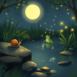 A delightful illustration of a small snail slowly making its way to the edge of a peaceful brook on a warm summer night