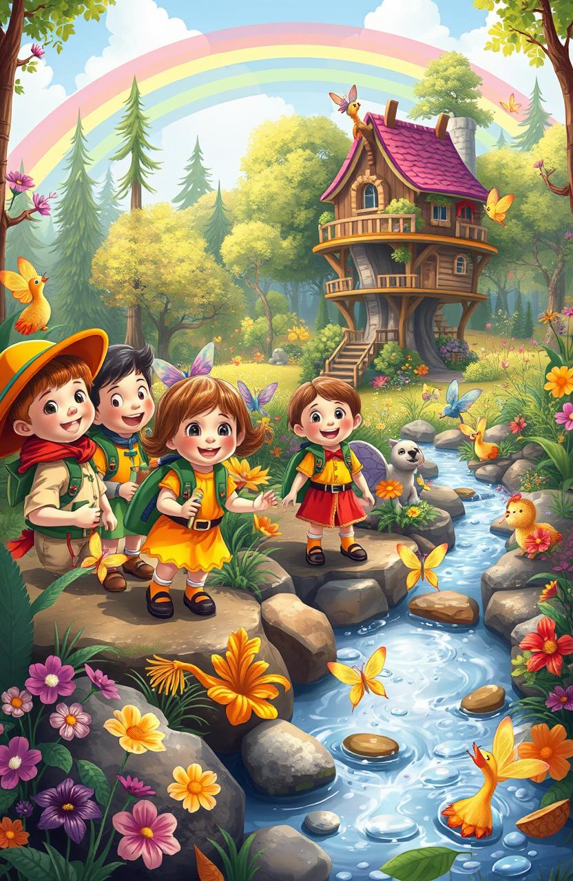 A whimsical children's adventure scene featuring a diverse group of kids exploring a magical forest filled with colorful creatures and vibrant plants