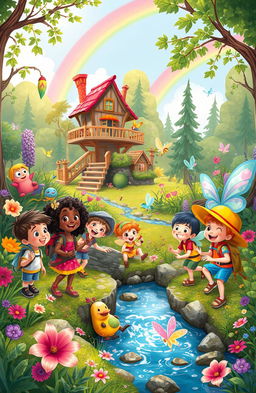 A whimsical children's adventure scene featuring a diverse group of kids exploring a magical forest filled with colorful creatures and vibrant plants