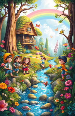 A whimsical children's adventure scene featuring a diverse group of kids exploring a magical forest filled with colorful creatures and vibrant plants