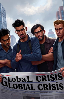 A digital painting depicting a group of four men with varied ethnicities—one Black, one Latino, one Asian, and one Caucasian—expressing frustration and concern about the current state of the world