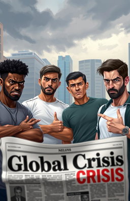 A digital painting depicting a group of four men with varied ethnicities—one Black, one Latino, one Asian, and one Caucasian—expressing frustration and concern about the current state of the world