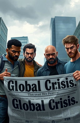 A digital painting depicting a group of four men with varied ethnicities—one Black, one Latino, one Asian, and one Caucasian—expressing frustration and concern about the current state of the world