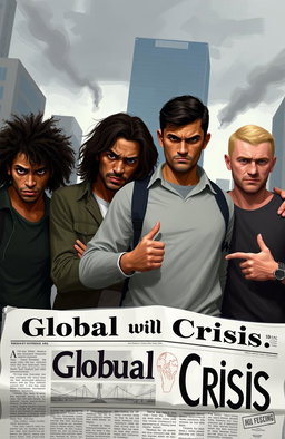 A digital painting depicting a group of four men with varied ethnicities—one Black, one Latino, one Asian, and one Caucasian—expressing frustration and concern about the current state of the world