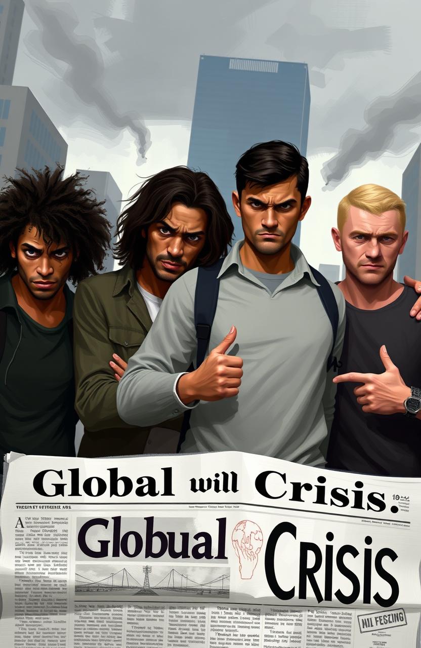 A digital painting depicting a group of four men with varied ethnicities—one Black, one Latino, one Asian, and one Caucasian—expressing frustration and concern about the current state of the world