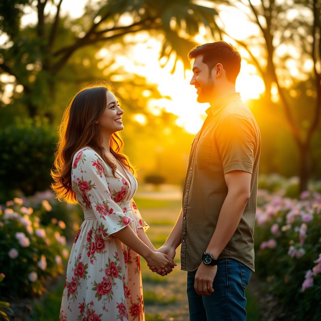 A romantic and sweet scene featuring a couple in a beautifully lit park during golden hour, holding hands and smiling at each other