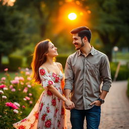 A romantic and sweet scene featuring a couple in a beautifully lit park during golden hour, holding hands and smiling at each other