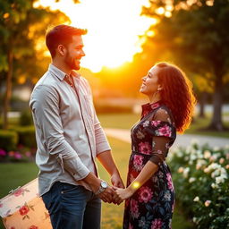 A romantic and sweet scene featuring a couple in a beautifully lit park during golden hour, holding hands and smiling at each other