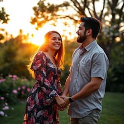 A romantic and sweet scene featuring a couple in a beautifully lit park during golden hour, holding hands and smiling at each other
