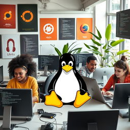 A visually engaging representation of the Linux operating system, featuring a diverse group of people enthusiastically using laptops and desktops in a collaborative workspace