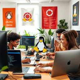 A visually engaging representation of the Linux operating system, featuring a diverse group of people enthusiastically using laptops and desktops in a collaborative workspace