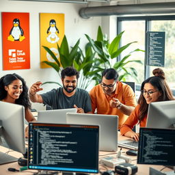 A visually engaging representation of the Linux operating system, featuring a diverse group of people enthusiastically using laptops and desktops in a collaborative workspace