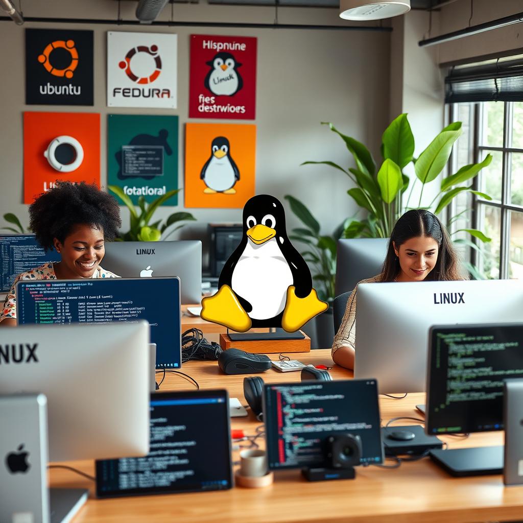 A visually engaging representation of the Linux operating system, featuring a diverse group of people enthusiastically using laptops and desktops in a collaborative workspace