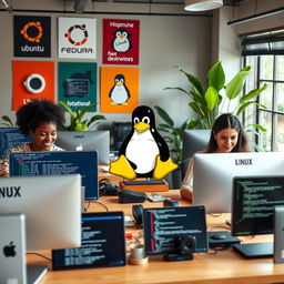 A visually engaging representation of the Linux operating system, featuring a diverse group of people enthusiastically using laptops and desktops in a collaborative workspace