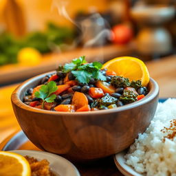 A delicious Vegetarian Feijoada, a traditional Brazilian stew made with black beans and a variety of colorful vegetables such as bell peppers, carrots, and kale