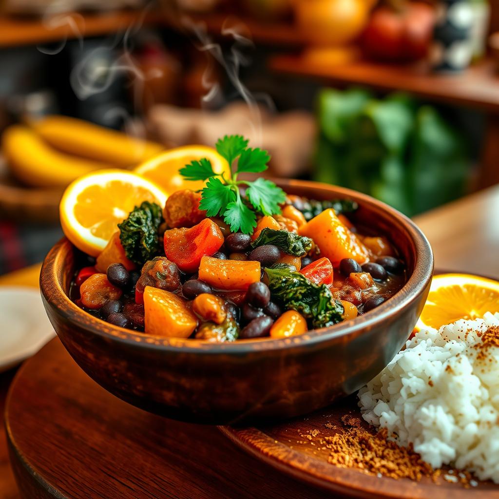A delicious Vegetarian Feijoada, a traditional Brazilian stew made with black beans and a variety of colorful vegetables such as bell peppers, carrots, and kale