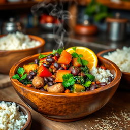 A delicious Vegetarian Feijoada, a traditional Brazilian stew made with black beans and a variety of colorful vegetables such as bell peppers, carrots, and kale