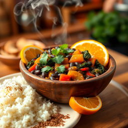 A delicious Vegetarian Feijoada, a traditional Brazilian stew made with black beans and a variety of colorful vegetables such as bell peppers, carrots, and kale