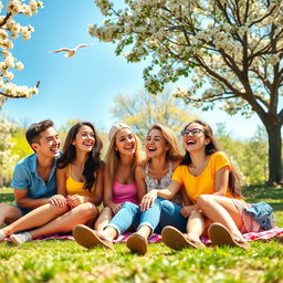 A joyful scene capturing a group of friends laughing together in a beautiful park setting