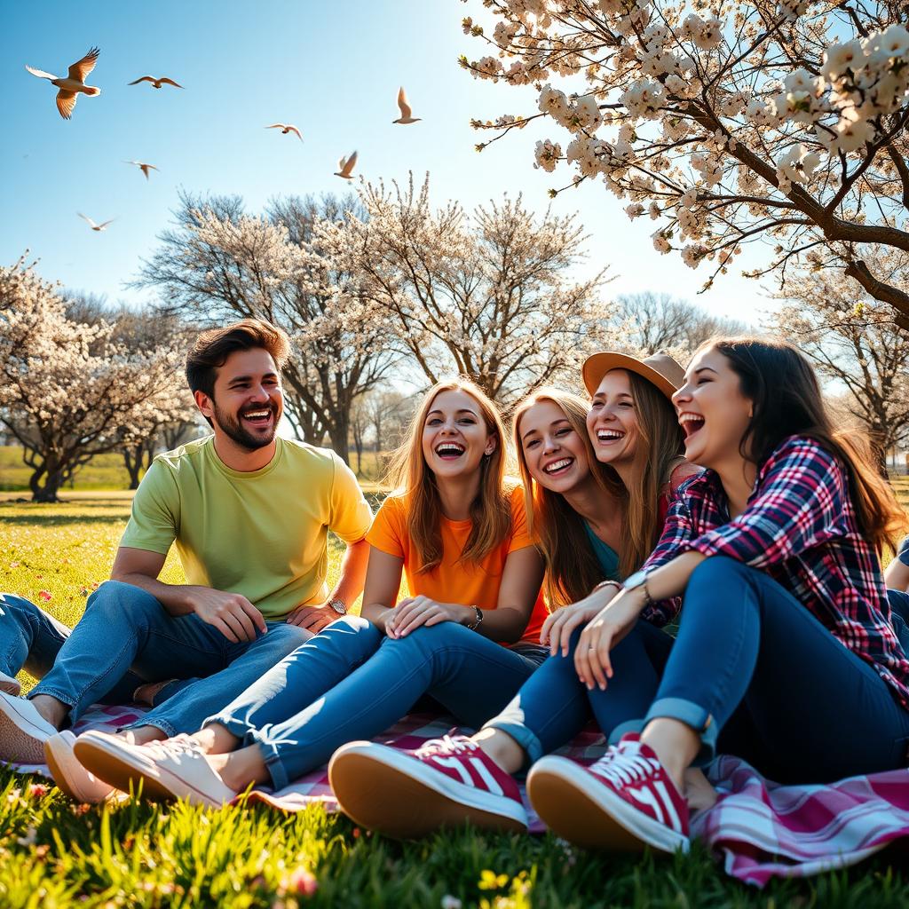 A joyful scene capturing a group of friends laughing together in a beautiful park setting