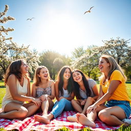 A joyful scene capturing a group of friends laughing together in a beautiful park setting