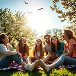 A joyful scene capturing a group of friends laughing together in a beautiful park setting