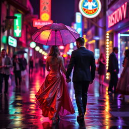 A romantic scene of a couple walking hand in hand on a vibrant street illuminated by neon lights at night