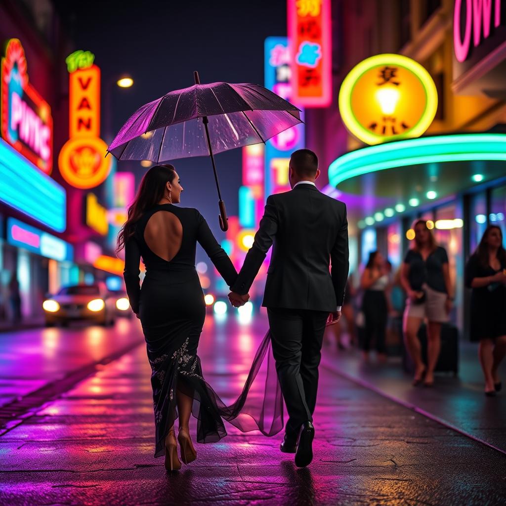 A romantic scene of a couple walking hand in hand on a vibrant street illuminated by neon lights at night