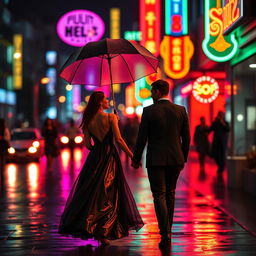 A romantic scene of a couple walking hand in hand on a vibrant street illuminated by neon lights at night