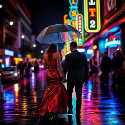 A romantic scene of a couple walking hand in hand on a vibrant street illuminated by neon lights at night