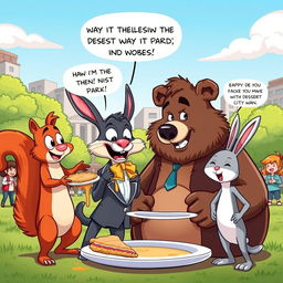 A humorous cartoon scene in a vibrant city park where a group of diverse, anthropomorphic animals, including a clumsy squirrel, a stylish rabbit, and a sarcastic bear, engage in a comically exaggerated debate over the best way to eat a pie