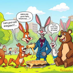 A humorous cartoon scene in a vibrant city park where a group of diverse, anthropomorphic animals, including a clumsy squirrel, a stylish rabbit, and a sarcastic bear, engage in a comically exaggerated debate over the best way to eat a pie