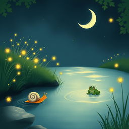 A whimsical illustration of a small snail slowly making its way to the edge of a babbling brook on a warm summer night, under a crescent moon